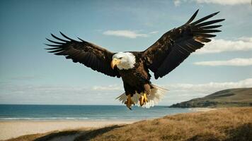 A beautiful summer day with blue sky and a lone Steller's sea eagle over the beach AI Generative photo