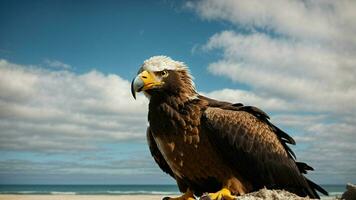 A beautiful summer day with blue sky and a lone Steller's sea eagle over the beach AI Generative photo