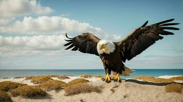 A beautiful summer day with blue sky and a lone Steller's sea eagle over the beach AI Generative photo