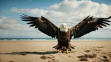 A beautiful summer day with blue sky and a lone Steller's sea eagle over the beach AI Generative photo