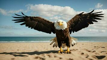 A beautiful summer day with blue sky and a lone Steller's sea eagle over the beach AI Generative photo