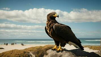 A beautiful summer day with blue sky and a lone Steller's sea eagle over the beach AI Generative photo