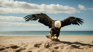 un hermosa verano día con azul cielo y un solitario de Steller mar águila terminado el playa ai generativo foto