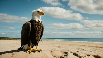 un hermosa verano día con azul cielo y un solitario de Steller mar águila terminado el playa ai generativo foto