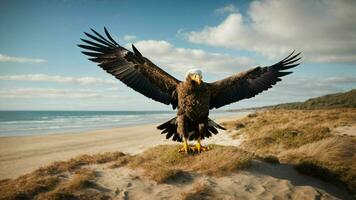 A beautiful summer day with blue sky and a lone Steller's sea eagle over the beach AI Generative photo