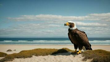 A beautiful summer day with blue sky and a lone Steller's sea eagle over the beach AI Generative photo