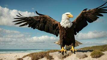 A beautiful summer day with blue sky and a lone Steller's sea eagle over the beach AI Generative photo