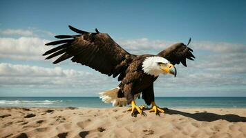 A beautiful summer day with blue sky and a lone Steller's sea eagle over the beach AI Generative photo