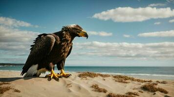 A beautiful summer day with blue sky and a lone Steller's sea eagle over the beach AI Generative photo