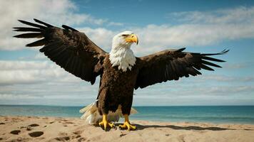 A beautiful summer day with blue sky and a lone Steller's sea eagle over the beach AI Generative photo