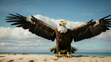 A beautiful summer day with blue sky and a lone Steller's sea eagle over the beach AI Generative photo