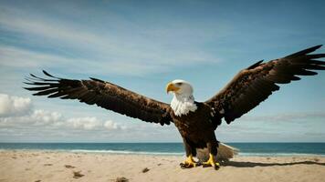 A beautiful summer day with blue sky and a lone Steller's sea eagle over the beach AI Generative photo