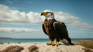 A beautiful summer day with blue sky and a lone Steller's sea eagle over the beach AI Generative photo