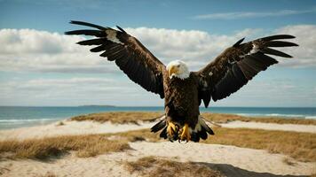 A beautiful summer day with blue sky and a lone Steller's sea eagle over the beach AI Generative photo