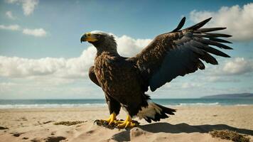 A beautiful summer day with blue sky and a lone Steller's sea eagle over the beach AI Generative photo