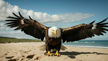 A beautiful summer day with blue sky and a lone Steller's sea eagle over the beach AI Generative photo