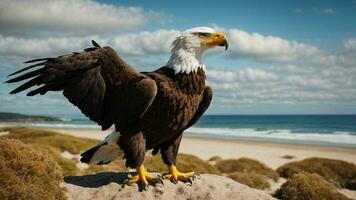 A beautiful summer day with blue sky and a lone Steller's sea eagle over the beach AI Generative photo