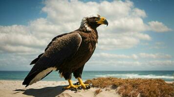 A beautiful summer day with blue sky and a lone Steller's sea eagle over the beach AI Generative photo