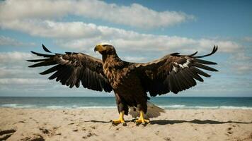 un hermosa verano día con azul cielo y un solitario de Steller mar águila terminado el playa ai generativo foto