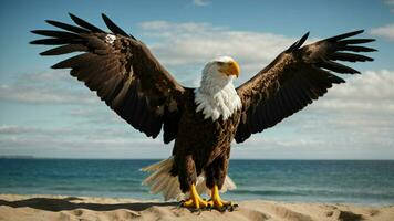 A beautiful summer day with blue sky and a lone Steller's sea eagle over the beach AI Generative photo