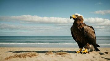 A beautiful summer day with blue sky and a lone Steller's sea eagle over the beach AI Generative photo