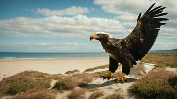 A beautiful summer day with blue sky and a lone Steller's sea eagle over the beach AI Generative photo