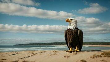 A beautiful summer day with blue sky and a lone Steller's sea eagle over the beach AI Generative photo