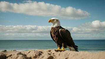 A beautiful summer day with blue sky and a lone Steller's sea eagle over the beach AI Generative photo