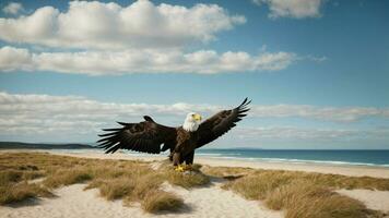 A beautiful summer day with blue sky and a lone Steller's sea eagle over the beach AI Generative photo