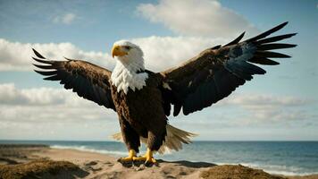 A beautiful summer day with blue sky and a lone Steller's sea eagle over the beach AI Generative photo