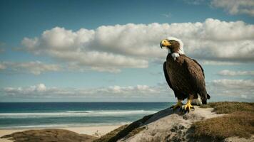 A beautiful summer day with blue sky and a lone Steller's sea eagle over the beach AI Generative photo