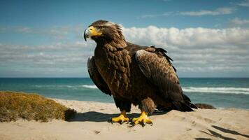 A beautiful summer day with blue sky and a lone Steller's sea eagle over the beach AI Generative photo