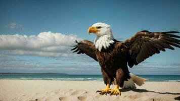 A beautiful summer day with blue sky and a lone Steller's sea eagle over the beach AI Generative photo