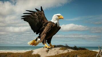 A beautiful summer day with blue sky and a lone Steller's sea eagle over the beach AI Generative photo