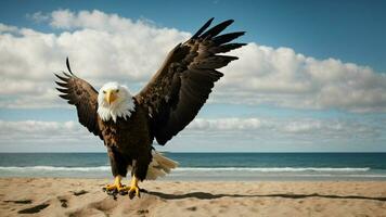 A beautiful summer day with blue sky and a lone Steller's sea eagle over the beach AI Generative photo