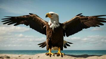 A beautiful summer day with blue sky and a lone Steller's sea eagle over the beach AI Generative photo