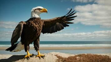 A beautiful summer day with blue sky and a lone Steller's sea eagle over the beach AI Generative photo