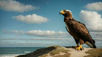 A beautiful summer day with blue sky and a lone Steller's sea eagle over the beach AI Generative photo