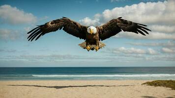 A beautiful summer day with blue sky and a lone Steller's sea eagle over the beach AI Generative photo