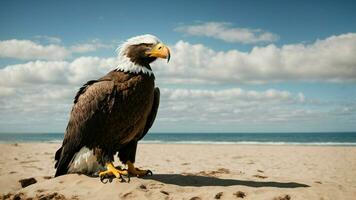 A beautiful summer day with blue sky and a lone Steller's sea eagle over the beach AI Generative photo