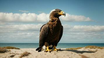 A beautiful summer day with blue sky and a lone Steller's sea eagle over the beach AI Generative photo