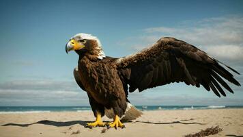 A beautiful summer day with blue sky and a lone Steller's sea eagle over the beach AI Generative photo