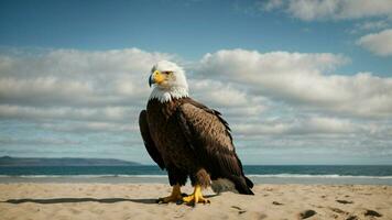 A beautiful summer day with blue sky and a lone Steller's sea eagle over the beach AI Generative photo