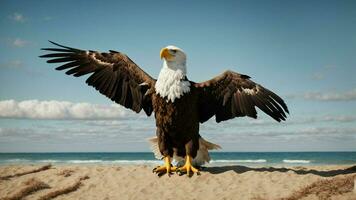 A beautiful summer day with blue sky and a lone Steller's sea eagle over the beach AI Generative photo