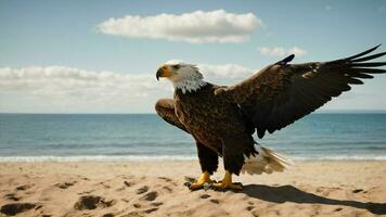 A beautiful summer day with blue sky and a lone Steller's sea eagle over the beach AI Generative photo