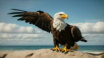 A beautiful summer day with blue sky and a lone Steller's sea eagle over the beach AI Generative photo