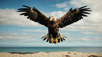 A beautiful summer day with blue sky and a lone Steller's sea eagle over the beach AI Generative photo