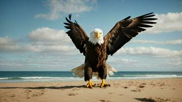 A beautiful summer day with blue sky and a lone Steller's sea eagle over the beach AI Generative photo