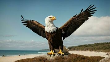 A beautiful summer day with blue sky and a lone Steller's sea eagle over the beach AI Generative photo