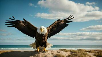 un hermosa verano día con azul cielo y un solitario de Steller mar águila terminado el playa ai generativo foto